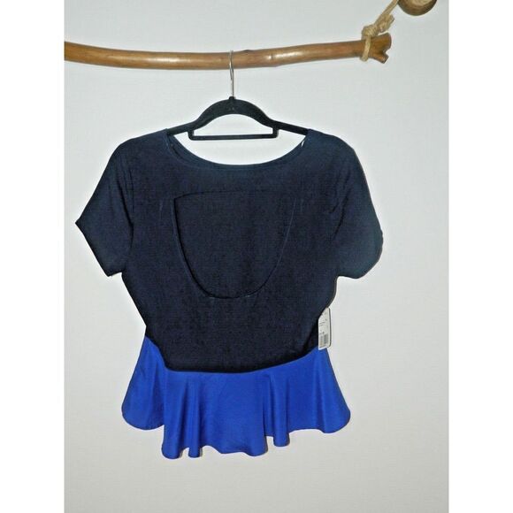Rory Beca Forever 21 Blouse Size Large Blue Black Colorblock Peplum Open Back - Picture 5 of 7